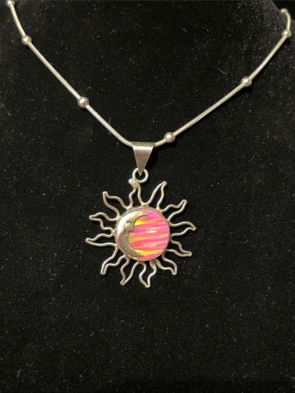Sun & Moon Pink Opal style Pendant Necklace. Sterling Solver